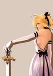  absurdres artoria_pendragon_(all) bare_shoulders breasts elbow_gloves excalibur fate/stay_night fate/unlimited_codes fate_(series) gloves grey_background highres medium_breasts planted_sword planted_weapon saber saber_lily sideboob solo sword tunhoy weapon 
