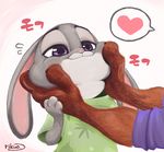  &lt;3 canine clothing disney duo female fox fur grey_fur half-closed_eyes hands_on_cheeks japanese_text judy_hopps lagomorph long_ears male mammal nick_wilde orange_fur pink_nose purple_eyes rabbit size_difference tall text white_fur zootopia りくお 