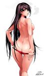  2016 ass black_eyes black_hair breasts cigarette dated happa_(cloverppd) highres lips long_hair looking_back medium_breasts original panties panty_pull red_panties signature simple_background solo topless underwear white_background 