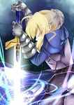  ahoge armor armored_dress artoria_pendragon_(all) blonde_hair closed_eyes colored_eyelashes fate/stay_night fate_(series) hiba_(p-p-purin) juliet_sleeves kneeling long_sleeves planted_sword planted_weapon puffy_sleeves saber solo sword weapon 