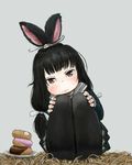  :t animal_ears black_eyes black_hair black_legwear blue_shirt blue_skirt blush bunny_ears closed_mouth doughnut ebimomo eyebrows eyebrows_visible_through_hair food full_body hair_ribbon hands_on_own_knees head_tilt highres long_hair looking_at_viewer original pantyhose plate pleated_skirt ribbon school_uniform serafuku shirt sitting skirt solo tied_ears very_long_hair white_ribbon 