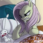  angel_(mlp) angry bed equine eyelashes fluttershy_(mlp) friendship_is_magic fur hair john_joseco lagomorph mammal my_little_pony open_mouth pegasus pillow pink_hair rabbit wings yellow_fur 