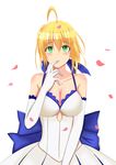  absurdres ahoge alternate_breast_size artoria_pendragon_(all) breasts cleavage elbow_gloves fate/extella fate/extra fate/stay_night fate_(series) finger_to_mouth gloves green_eyes highres ice_spirit_tarot medium_breasts petals saber solo white_background 