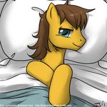  bed blue_eyes brown_hair caramel_(mlp) earth_pony equine friendship_is_magic fur hair horse john_joseco looking_at_viewer mammal my_little_pony pillow pony smile solo yellow_fur 