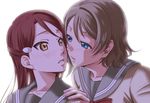  absurdres blue_eyes blush brown_hair eye_contact hand_on_another's_shoulder highres imminent_kiss long_hair looking_at_another love_live! love_live!_sunshine!! multiple_girls red_hair sakurauchi_riko school_uniform serafuku short_hair uranohoshi_school_uniform watanabe_you yellow_eyes yuri zenimaru 