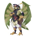  anthro avian beak clothed clothing detached_sleeves eyewear feathers goggles green_feathers hat japanese looking_at_viewer mailbag male official_art red_eyes simple_background solo video_games wander_crown ヒエン 