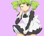  1girl bangs blunt_bangs blush cowboy_shot dress_tug drill_hair green_eyes green_hair hair_ornament hand_on_own_cheek hand_on_own_face haniwa_(8241427) looking_at_viewer maid maid_headdress manera one_eye_closed paper_mario personification sidelocks solo super_mario_bros. super_paper_mario twin_drills twintails wink 