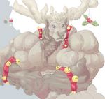  2014 5_fingers abs antlers bell biceps big_biceps blue_eyes blush brown_fur cervine colored digital_drawing_(artwork) digital_media_(artwork) front_view frown fur horn humanoid_hands jingle_bells light male mammal mistletoe mostly_nude pecs plant schwartzgeist simple_background snout solo standing white_antlers white_background 