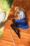  ahoge artoria_pendragon_(all) black_legwear blonde_hair fate/grand_order fate/stay_night fate_(series) fork_(357022) hands_on_own_chest highres legs long_hair no_shoes pantyhose saber shinai skirt sleeping solo sword weapon wooden_deck 