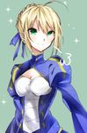  =3 ahoge akasaki_uraba artoria_pendragon_(all) blonde_hair breasts cleavage cowboy_shot fate/grand_order fate/stay_night fate_(series) green_background green_eyes saber sketch small_breasts solo 