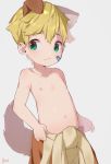  2018 absurd_res animal_humanoid bandage blonde_hair canine canine_humanoid child clothed clothing dog_humanoid green_eyes hair hi_res humanoid male mammal navel nipples simple_background solo thebrushking topless white_background young 