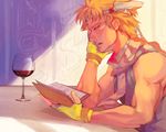  alcohol blonde_hair book caesar_anthonio_zeppeli elbow_rest from_side glass grat-k head_rest headband holding holding_book jojo_no_kimyou_na_bouken male_focus muscle nail_polish open_mouth profile scarf signature solo striped striped_scarf upper_body wine winged_hair_ornament yellow_nails 