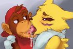  age_difference big_lips black_lips crossover diddy_kong digimon donkey_kong_(series) drooling extreme_french_kiss female humiliation interspecies kissing lips male mammal monkey nintendo older_female primate renamon saliva slobber tongue ungulatr video_games younger_male 