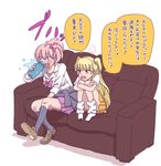  :d black_legwear blonde_hair brown_eyes clothes_around_waist convenient_leg couch idolmaster idolmaster_cinderella_girls jewelry jougasaki_mika jougasaki_rika kneehighs knees_up laughing loafers long_hair loose_socks multiple_girls necklace open_mouth pink_hair pleated_skirt ryou-san shoes siblings side_ponytail sisters sitting skirt smile socks spit_take spitting sweater_vest teeth translated two_side_up water white_legwear 