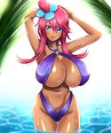  1girl blue_eyes blush breasts cleavage deep_skin fuuro_(pokemon) gym_leader hair_ornament huge_breasts looking_at_viewer navel nintendo open_mouth pokemon pokemon_black_and_white red_hair solo swimsuit takecha tanned_skin wet 