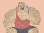  2015 biceps big_biceps black_clothing black_nose brown_fur clothing digital_drawing_(artwork) digital_media_(artwork) eyes_closed fur hyena hyper hyper_muscles male mammal manly muscular muscular_male pecs quads red_clothing schwartzgeist selfie shirt shorts smile toony 