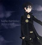  black_hair character_name coat dated halya happy_birthday kirito male_focus sky smile solo star_(sky) starry_sky sword_art_online 