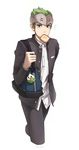  1boy bad_id bad_twitter_id bag black_jacket black_pants buttons charm_(object) cowboy_shot cropped_legs dress_shirt food food_in_mouth forehead_protector gakuran genji_(overwatch) green_eyes green_hair highres jacket long_sleeves looking_at_viewer male_focus mouth_hold open_clothes open_jacket overwatch pants school_uniform shirt shoulder_bag simple_background solo toast toast_in_mouth twitter_username whisker_markings white_background white_shirt zerozero 