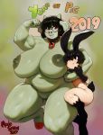  2019 5_fingers animal_humanoid anthro areola belly big_areola big_breasts black_eyes black_hair breasts choker duo english_text eyewear featureless_crotch female flexing glasses gradient_background hair hi_res holidays huge_breasts humanoid lagomorph lagomorph_humanoid larger_male lips male male/female mammal modeseven muscular muscular_female new_year nipples nude pig porcine rabbit_humanoid red_eyes seymore signature simple_background size_difference slightly_chubby smaller_male text 