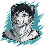  2015 alpha_channel anthro black_fur black_hair black_stripes blue_eyes bust_portrait codytiger digital_media_(artwork) ear_piercing feline front_view fur hair hi_res industrial_piercing looking_at_viewer male mammal multicolored_fur piercing pink_nose portrait ratze signature simple_background smile solo striped_fur stripes tiger transparent_background two_tone_fur whiskers white_fur white_tiger 