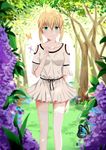  absurdres ahoge arm_up artoria_pendragon_(all) blonde_hair bug butterfly fate/stay_night fate_(series) flower grass green_eyes highres ice_spirit_tarot insect saber short_hair smile solo thighhighs thighs tree white_legwear 