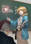  1girl baraba_baba black_scrunchie blonde_hair blue_eyes caucasian chalkboard ellen_baker green_eyes hair_ornament hair_scrunchie highres long_hair low_ponytail mohawk new_horizon non-asian scrunchie sketch 