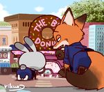  advertisement black_fur building canine chibi claws clothing disney doughnut duo female food fox fur gloves_(marking) grey_fur half-closed_eyes inner_ear_fluff judy_hopps kneeling lagomorph leaves male mammal markings nick_wilde open_mouth orange_fur police_uniform rabbit size_difference store street tall tree uniform white_fur window zootopia りくお 