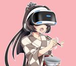  1girl akizuki_(kantai_collection) anchor_print blush bowl checkered checkered_kimono chopsticks commentary drooling holding holding_bowl japanese_clothes kantai_collection kimono long_hair motion_lines obi open_mouth outline pink_background playstation_vr ponytail saliva sash simple_background solo sweat tk8d32 very_long_hair virtual_reality vr_visor yukata 