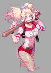  1girl armpit_holster baseball_bat batman_(series) belt blonde_hair blue_eyes character_name choker dc_comics dccu dip-dyed_hair fishnets gun harley_quinn holster lipstick nail_polish shorts simple_background solo spiked_bracelet stariver00 studded_belt suicide_squad teeth twintails 