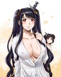  alternate_hairstyle arm_at_side bangs black_hair blush body_blush breasts can't_be_this_cute cleavage closed_mouth collarbone covered_nipples eyebrows eyebrows_visible_through_hair fusou_(kantai_collection) heart kantai_collection large_breasts long_hair medium_breasts multiple_girls parted_lips red_eyes sameha_ikuya short_hair sidelocks sleeves_past_wrists smile swept_bangs twintails two_side_up unbuttoned upper_body very_long_hair wavy_hair yamashiro_(kantai_collection) 