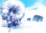  amber_eyes asirpa bear blue_eyes bow_(weapon) brown_fur canine clothed clothing feral fur golden_kamuy human mammal noda_satoru official_art ranged_weapon retar snow weapon white_fur wolf 