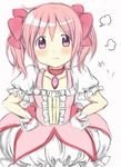 :t ahoge blush bow brooch choker dress fume gloves hair_bow hair_ribbon hands_on_hips highres hitode jewelry kaname_madoka looking_at_viewer magical_girl mahou_shoujo_madoka_magica pink_eyes pink_hair pout ribbon short_hair short_twintails solo tied_hair twintails white_gloves 