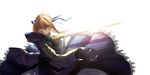  ahoge armor artoria_pendragon_(all) blonde_hair excalibur fate/stay_night fate_(series) glowing glowing_eyes green_eyes highres lens_flare liangchanxingmingrixiang saber solo white_background 