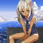  aqua_eyes arm_support bad_id bad_pixiv_id bangs bare_shoulders between_legs blue_swimsuit blush breasts closed_mouth cloud collarbone crop_top day flower from_side hair_flower hair_ornament hand_between_legs horizon kantai_collection konoshita_kiyomasa light_smile long_hair looking_to_the_side neckerchief ocean old_school_swimsuit one-piece_swimsuit one-piece_tan outdoors pier ro-500_(kantai_collection) school_swimsuit school_uniform serafuku shirt sidelocks sitting sky sleeveless sleeveless_shirt small_breasts smile solo spread_legs swimsuit swimsuit_under_clothes tan tanline taut_clothes v_arms water white_hair white_shirt 