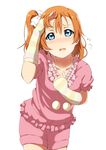  absurdres blue_eyes blush cowboy_shot hair_ribbon hand_on_forehead highres kousaka_honoka looking_at_viewer love_live! love_live!_school_idol_project one_side_up open_mouth orange_hair pajamas ribbon shiokazunoko simple_background solo white_background 