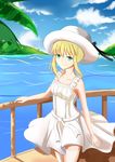  absurdres artoria_pendragon_(all) blonde_hair blue_sky breasts cloud day dress fate_(series) green_eyes hat highres ice_spirit_tarot medium_breasts palm_tree railing saber sky smile solo tree water waves 