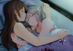  anastasia_(idolmaster) bare_shoulders bed blanket brown_hair closed_eyes collarbone cuddling dacchi eyebrows eyebrows_visible_through_hair highres hug idolmaster idolmaster_cinderella_girls long_hair love_laika lying multiple_girls nitta_minami on_side pillow short_hair silver_hair sleeping sleeveless smile yuri 