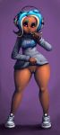 blush bottomless candy clothed clothing dark_skin female food humanoid looking_at_viewer nintendo octoling outta_sync presenting pussy pussy_juice solo splatoon thick_thighs video_games wide_hips 