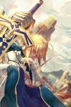  absurdres ahoge armor artoria_pendragon_(all) caliburn castle chin_rest cloud fate/stay_night fate_(series) green_eyes highres kita_no_kuwa planted_weapon saber solo sword weapon 