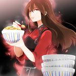  akagi_(kantai_collection) alternate_color aura bowl brown_hair check_commentary commentary commentary_request dark_persona eating food food_on_face from_side grin kantai_collection long_hair looking_at_viewer muneate nakau oyakodon parted_lips red_eyes rice rice_on_face satokichi_(kope00) smile solo spoon 