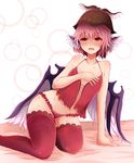  alternate_costume animal_ears arano_oki arm_support bare_arms bare_shoulders bird_wings breasts collarbone commentary_request frilled_panties frills hat hat_ornament kneeling lace lace-trimmed_thighhighs lingerie looking_at_viewer mob_cap mystia_lorelei navel open_mouth panties pink_eyes pink_hair red_legwear red_panties short_hair small_breasts solo stomach sweat thighhighs touhou underwear underwear_only wings 