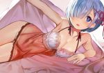  bed black_hair blue_eyes blush breasts cleavage matsui_hiroaki re:zero_kara_hajimeru_isekai_seikatsu rem_(re:zero) 