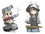  aki_(girls_und_panzer) apron bangs blue_shirt brown_eyes brown_hair bt-42 chintai_(mansyontintai) closed_eyes commentary dress_shirt driving firing full_body girls_und_panzer green_eyes grey_skirt ground_vehicle hat instrument jacket kantele light_brown_hair long_hair long_sleeves looking_at_another mika_(girls_und_panzer) mikko_(girls_und_panzer) military military_vehicle miniskirt motor_vehicle mud multiple_girls pants pleated_skirt school_uniform shirt short_hair short_twintails simple_background sitting skirt smile standing striped striped_shirt tank track_jacket track_pants twintails vertical-striped_shirt vertical_stripes white_background white_shirt younger 