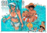  1girl 3boys absurdres alternate_costume bikini black_hair blonde_hair blue_hair blue_innertube blue_shorts brown_fur crossover cup hat hatsune_miku highres holding holding_cup holding_rope long_hair monkey_d._luffy multiple_boys multiple_views one_piece orange_innertube pink_shorts red_shorts rope sainttufa sanji_(one_piece) scar scar_on_chest shorts side-tie_bikini_bottom straw_hat striped_innertube swimsuit tony_tony_chopper twintails two-tone_innertube visor_cap water white_bikini white_innertube white_shorts 