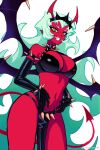  1girl arm_strap artist_name bare_shoulders bat_wings black_bra black_gloves black_loincloth black_thong black_tiara black_wings bra bracelet breasts chest_harness chinese_commentary cleavage collar colored_skin cowboy_shot demon_girl demon_horns demon_tail demon_wings elbow_gloves evil_grin evil_smile eyeshadow fang fang_out gloves green_eyes green_skirt grin hand_up hands_on_own_stomach harness heart highres horns jewelry large_breasts leaning_forward leather leather_body_harness leather_collar leather_gloves leather_loincloth long_eyelashes long_hair long_horns long_tail looking_at_viewer makeup mature_female multicolored_eyes multiple_wings navel nose panty_&amp;_stocking_with_garterbelt pink_lips pointy_ears purple_eyeshadow raised_eyebrows red_horns red_skin red_tail revealing_clothes scanty_(psg) see-through_loincloth shiny_skin sidelocks simple_background skirt skrillex_li slit_pupils smile solo spiked_arm_strap spiked_bracelet spiked_collar spiked_hair spiked_harness spiked_loincloth spikes stomach tail tail_through_clothes thick_thighs thighs tiara two-tone_eyes underwear very_long_hair very_long_tail weibo_username white_background wings yellow_eyes 