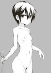  1girl absurdres artist_request kino kino_no_tabi looking_at_viewer monochrome navel nude pubic_hair pussy short_hair shower_head simple_background small_breasts solo tomboy wet 