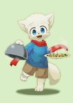  anthro blue_eyes blush canine clothed clothing cub cute food fox male mammal platter scarf shadow shorts simple_background solo yojoo young 