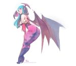  animal_print aqua_hair ass backless_outfit bat_print breasts cleavage demon_girl head_wings large_breasts leaning_forward long_hair looking_at_viewer morrigan_aensland pantyhose print_legwear solo succubus vampire_(game) wings xavier_houssin 