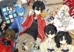  5boys 6+girls amamiya_hibiya asahina_hiyori black_eyes black_hair black_shirt blonde_hair blue_eyes blue_hair blue_jacket brown_hair brown_pants chibi collared_shirt controller ene_(kagerou_project) enomoto_takane game_controller headphones highres holding holding_controller jacket kagerou_project kano_shuuya kido_tsubomi kisaragi_momo kisaragi_shintarou kokonose_haruka kozakura_marry long_hair miruru0_owo multiple_boys multiple_girls open_clothes open_jacket pants phone red_jacket red_scarf scarf seto_kousuke shirt short_hair sketch sketchbook sweater tateyama_ayano twintails white_hair white_shirt white_sweater 