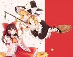  apron black_footwear black_hat black_skirt blonde_hair bow braid broom brown_hair candy_apple closed_eyes detached_sleeves food frilled_apron frilled_skirt frills hair_bow hair_tubes hakurei_reimu hat hat_bow kirisame_marisa long_hair long_sleeves mary_janes mozukuzu_(manukedori) multiple_girls nontraditional_miko red_bow ribbon-trimmed_sleeves ribbon_trim shoes side_braid single_braid skirt smile socks touhou white_apron white_bow wide_sleeves witch witch_hat yellow_eyes 